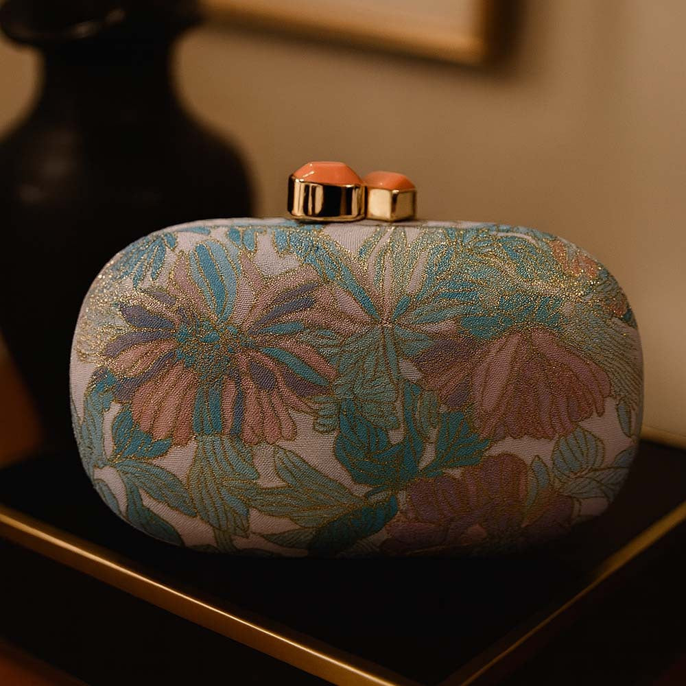 Elisabeth Retro Dinner Clutch in Türkis und Rosa – Ovale Damen-Abendtasche von Angeleyes & Beauty