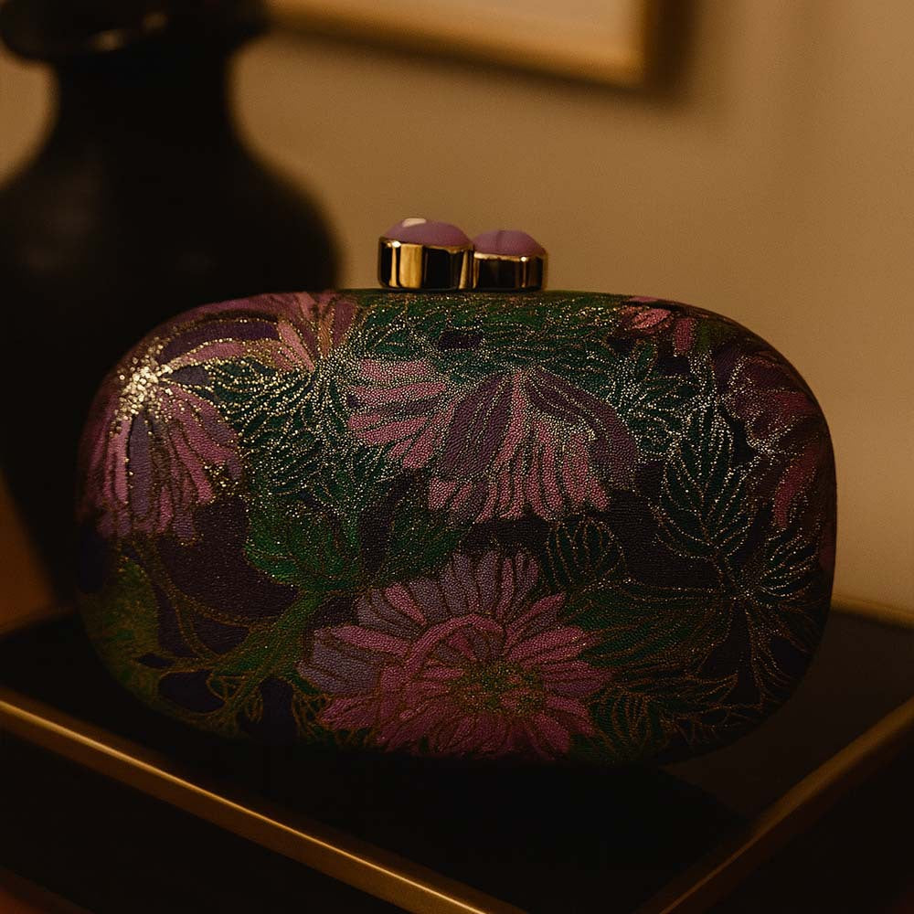 Elisabeth Retro Dinner Clutch in Violett Und Grün – Ovale Damen-Abendtasche von Angeleyes & Beauty